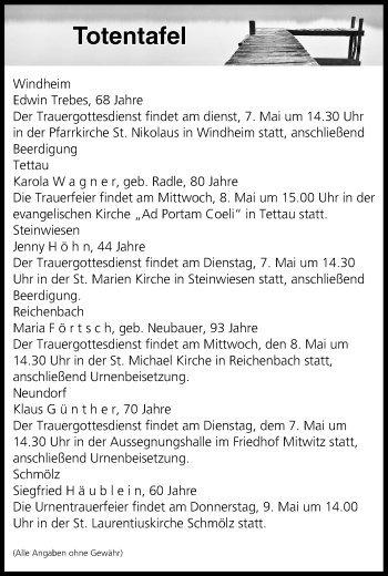 Anzeige von Totentafel vom 07.05.2019 von MGO