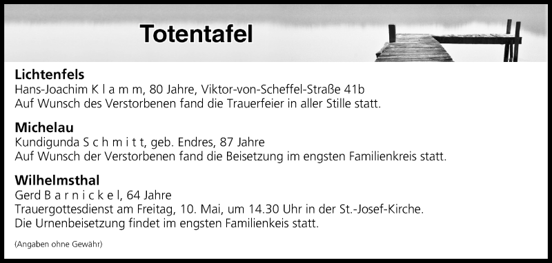  Traueranzeige für Totentafel vom 08.05.2019 vom 08.05.2019 aus MGO
