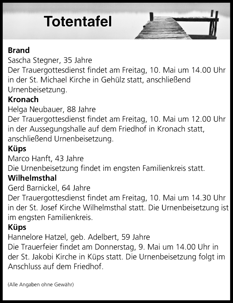  Traueranzeige für Totentafel vom 08.05.2019 vom 08.05.2019 aus MGO