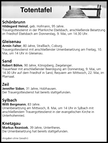 Anzeige von Totentafel vom 08.05.2019 von MGO