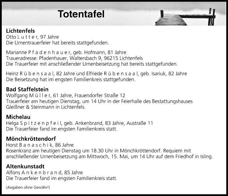 Traueranzeige für Totentafel vom 14.05.2019 vom 14.05.2019 aus MGO