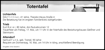 Anzeige von Totentafel vom 15.05.2019 von MGO