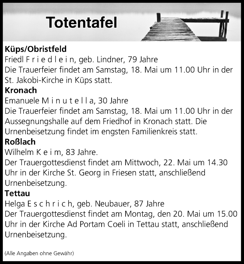  Traueranzeige für Totentafel vom 18.05.2019 vom 18.05.2019 aus MGO