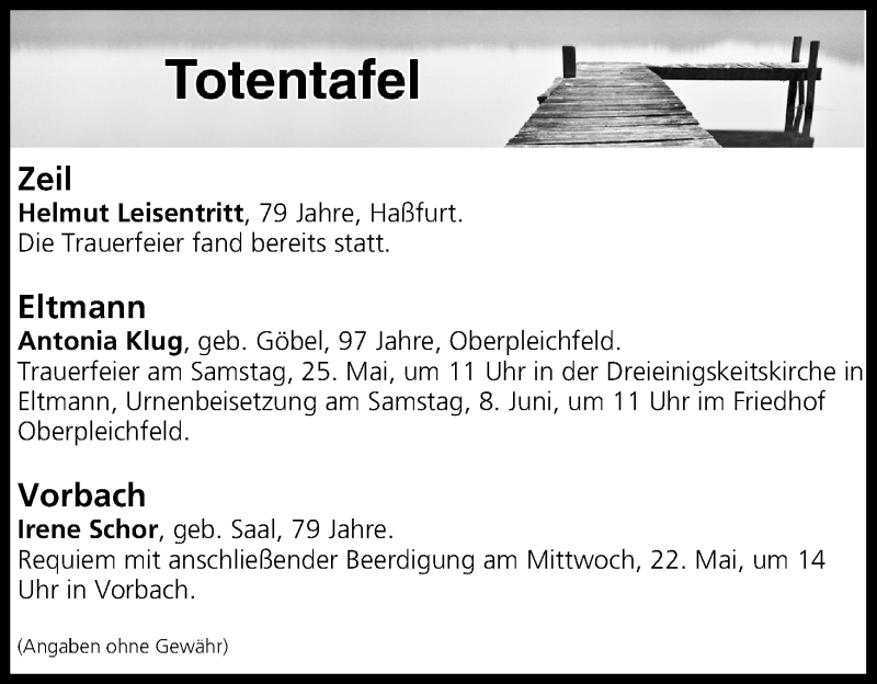  Traueranzeige für Totentafel vom 21.05.2019 vom 21.05.2019 aus MGO