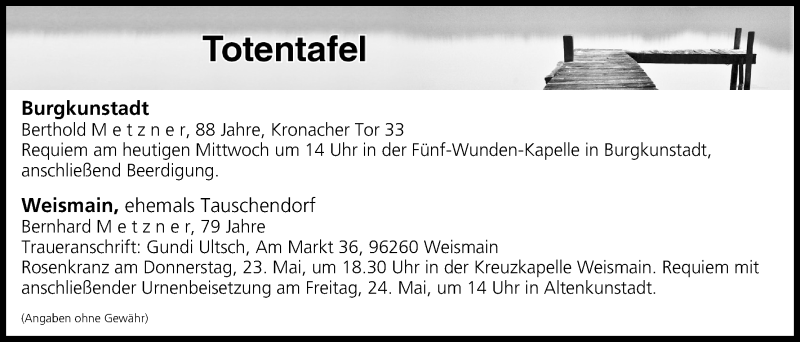  Traueranzeige für Totentafel vom 22.05.2019 vom 22.05.2019 aus MGO