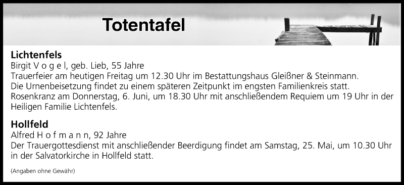  Traueranzeige für Totentafel vom 24.05.2019 vom 24.05.2019 aus MGO