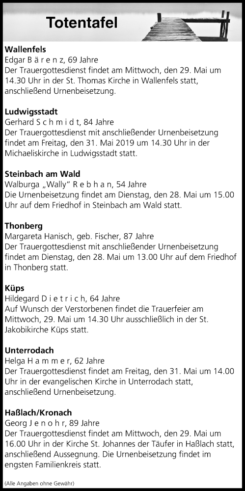  Traueranzeige für Totentafel vom 28.05.2019 vom 28.05.2019 aus MGO