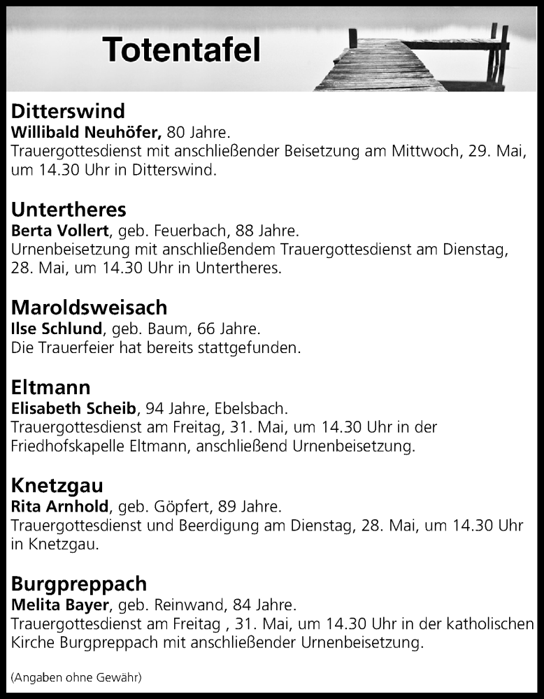  Traueranzeige für Totentafel vom 28.05.2019 vom 28.05.2019 aus MGO
