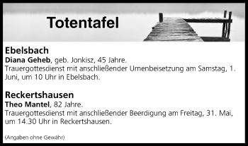 Anzeige von Totentafel vom 29.05.2019 von MGO