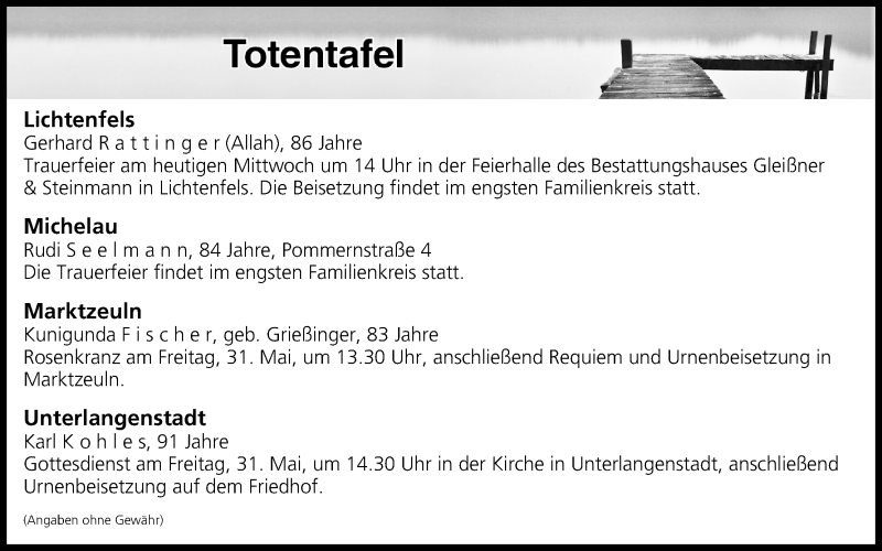  Traueranzeige für Totentafel vom 29.05.2019 vom 29.05.2019 aus MGO