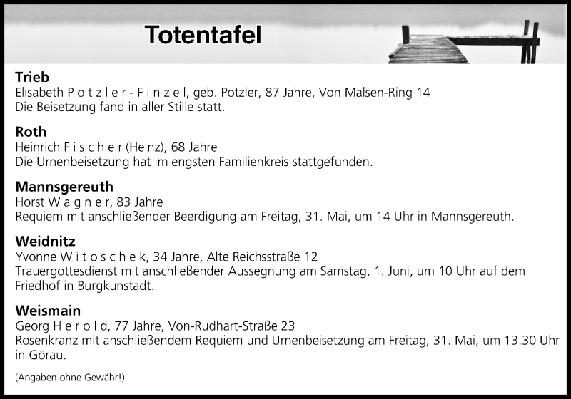  Traueranzeige für Totentafel vom 30.05.2019 vom 30.05.2019 aus MGO