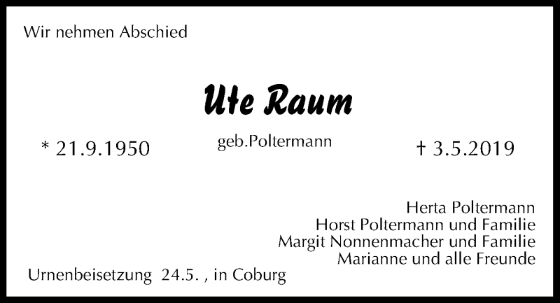 Traueranzeige für Ute Raum vom 18.05.2019 aus MGO
