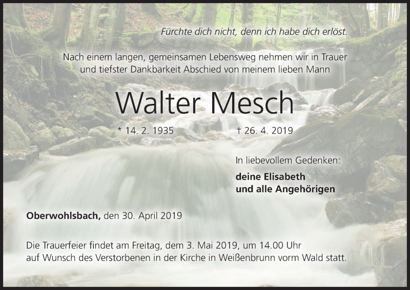  Traueranzeige für Walter Mesche vom 30.04.2019 aus MGO