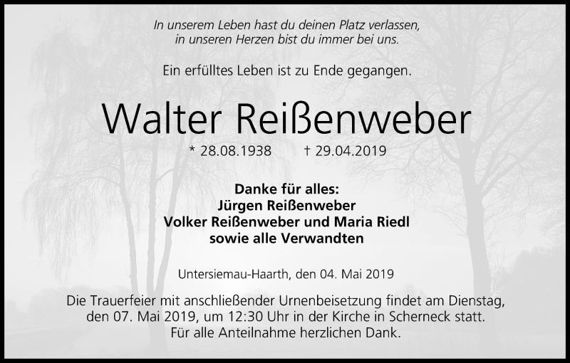  Traueranzeige für Walter Reißenweber vom 04.05.2019 aus MGO