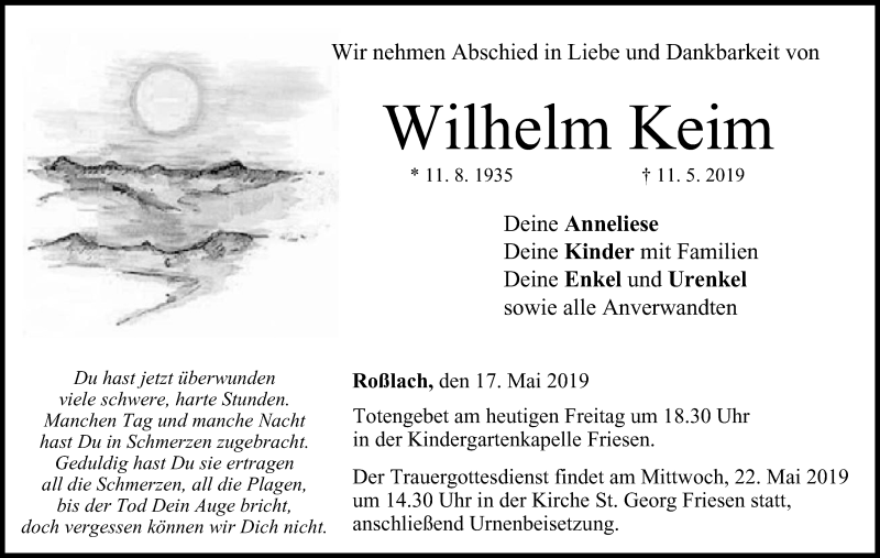  Traueranzeige für Wilhelm Keim vom 17.05.2019 aus MGO