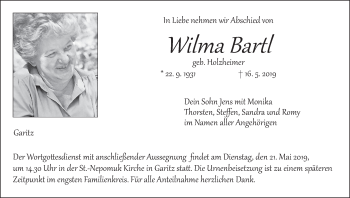 Anzeige von Wilma Bartl von MGO