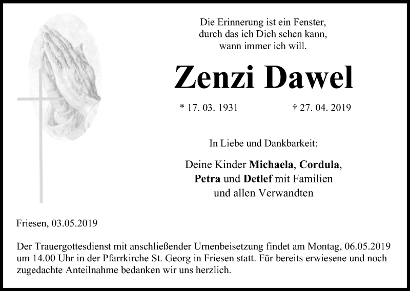  Traueranzeige für Zenzi Dawel vom 03.05.2019 aus MGO