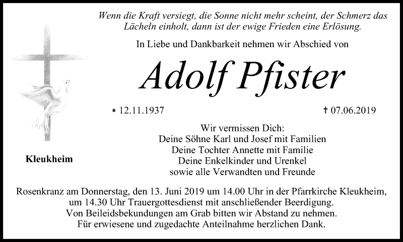  Traueranzeige für Adolf Pfister vom 11.06.2019 aus MGO