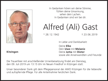 Anzeige von Alfred Gast von MGO