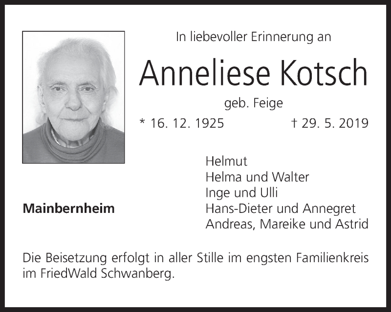  Traueranzeige für Anneliese Kotsch vom 08.06.2019 aus MGO