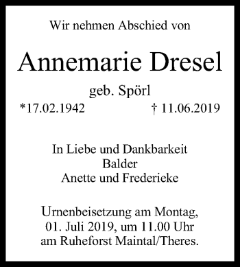 Anzeige von Annemarie Dresel von MGO