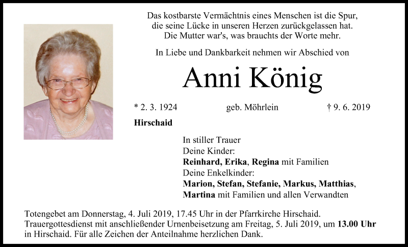  Traueranzeige für Anni König vom 29.06.2019 aus MGO