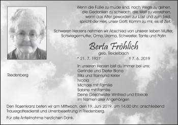 Anzeige von Berta Fröhlich von MGO