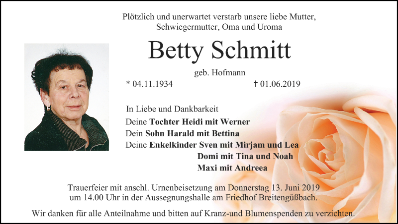  Traueranzeige für Betty Schmitt vom 08.06.2019 aus MGO