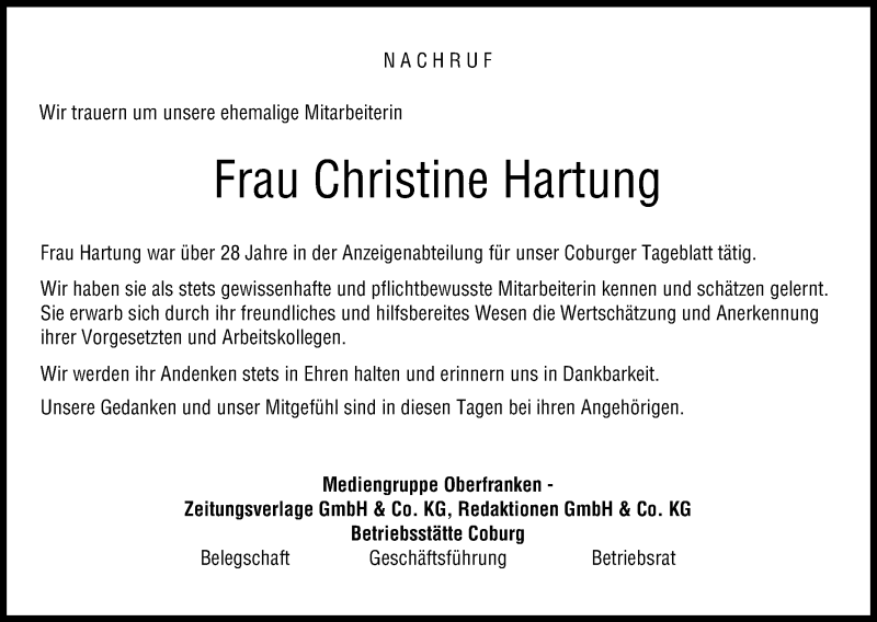  Traueranzeige für Christine Hartung vom 15.06.2019 aus MGO