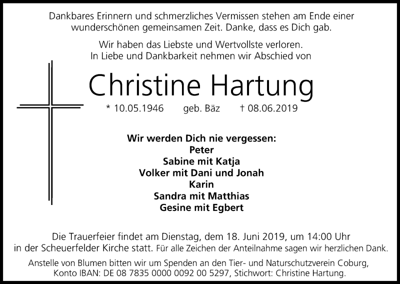  Traueranzeige für Christine Hartung vom 15.06.2019 aus MGO