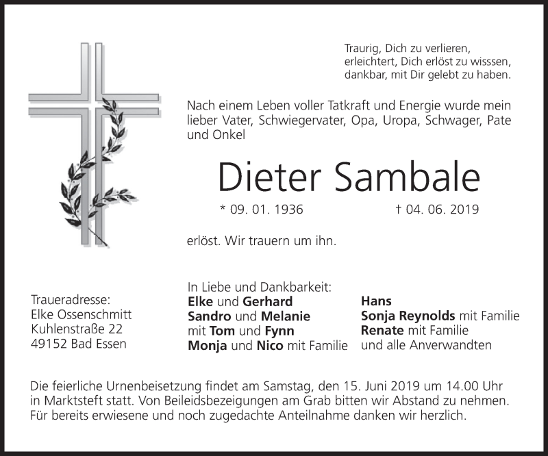  Traueranzeige für Dieter Sambale vom 12.06.2019 aus MGO