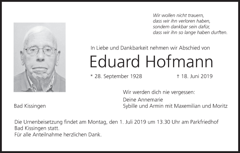  Traueranzeige für Eduard Hofmann vom 29.06.2019 aus MGO