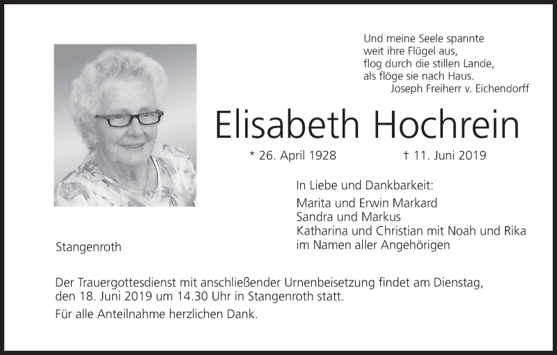  Traueranzeige für Elisabeth Hochrein vom 15.06.2019 aus MGO