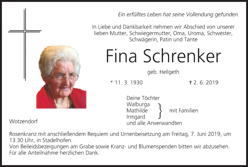  Traueranzeige für Fina Schrenker vom 05.06.2019 aus MGO