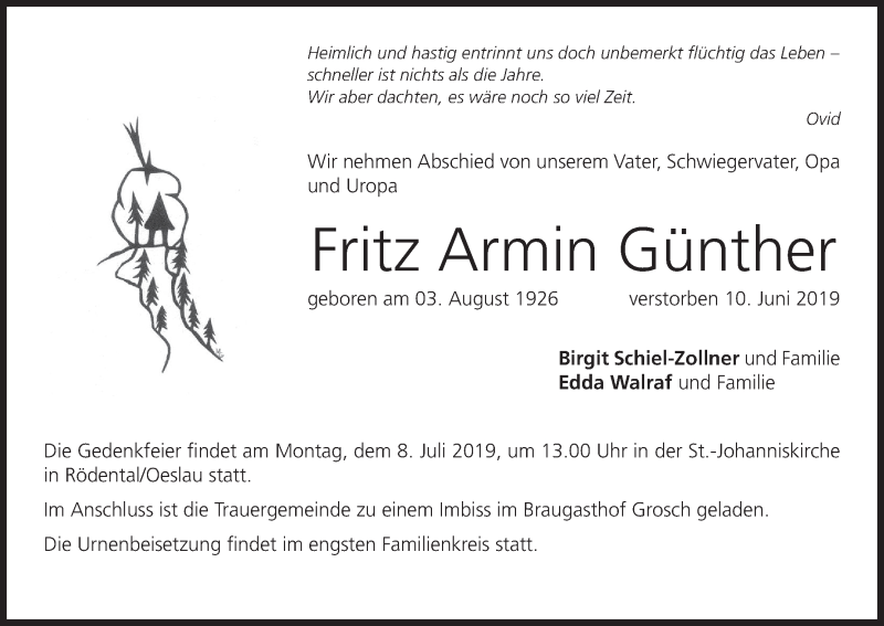  Traueranzeige für Fritz Armin Günther vom 29.06.2019 aus MGO