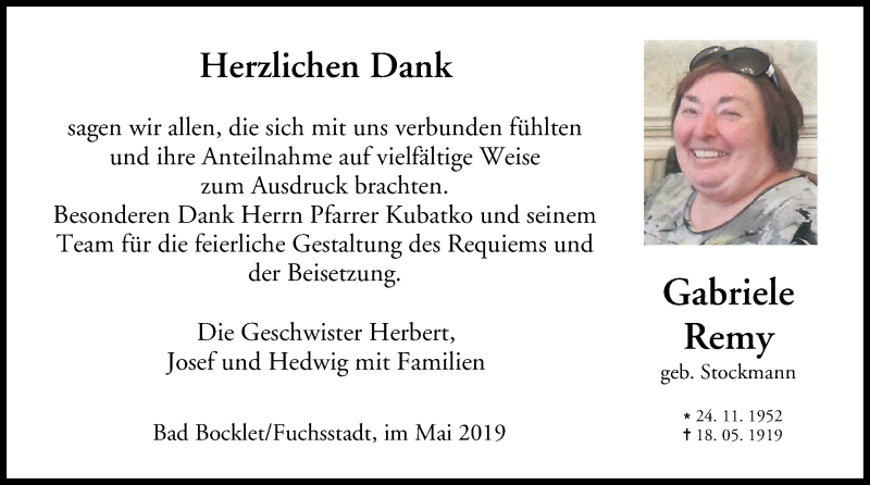  Traueranzeige für Gabriele Remy vom 08.06.2019 aus MGO