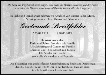 Anzeige von Gertraude Breitfelder von MGO