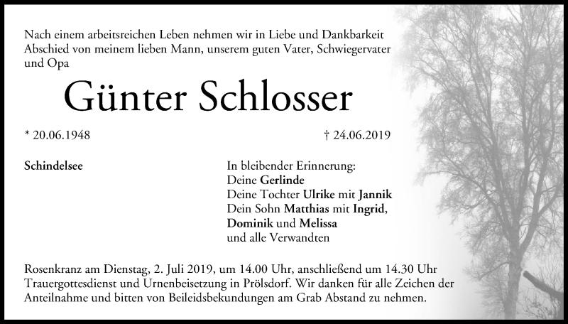  Traueranzeige für Günter Schlosser vom 28.06.2019 aus MGO