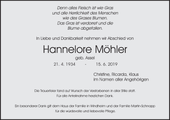 Anzeige von Hannelore Möhler von MGO