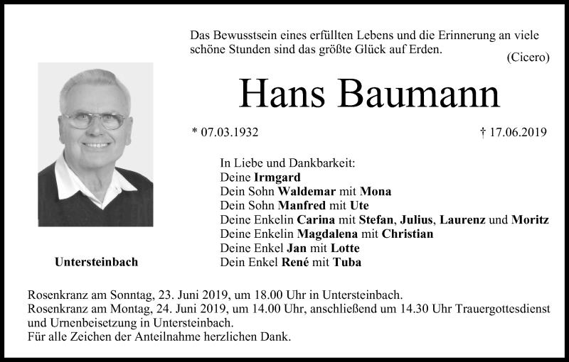  Traueranzeige für Hans Baumann vom 19.06.2019 aus MGO