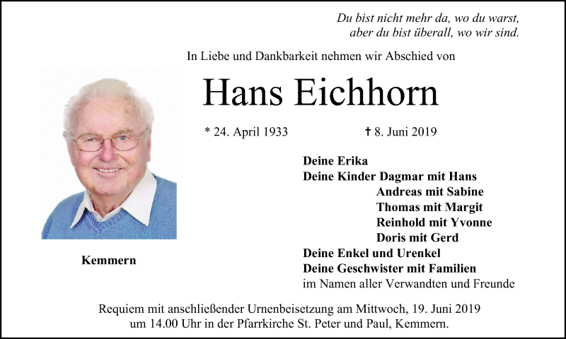  Traueranzeige für Hans Eichhorn vom 15.06.2019 aus MGO