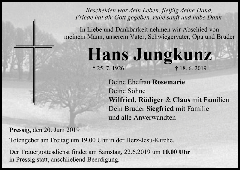  Traueranzeige für Hans Jungkunz vom 20.06.2019 aus MGO