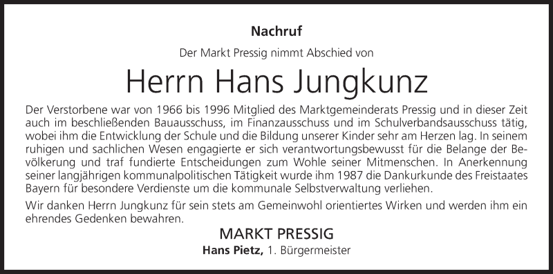  Traueranzeige für Hans Jungkunz vom 25.06.2019 aus MGO