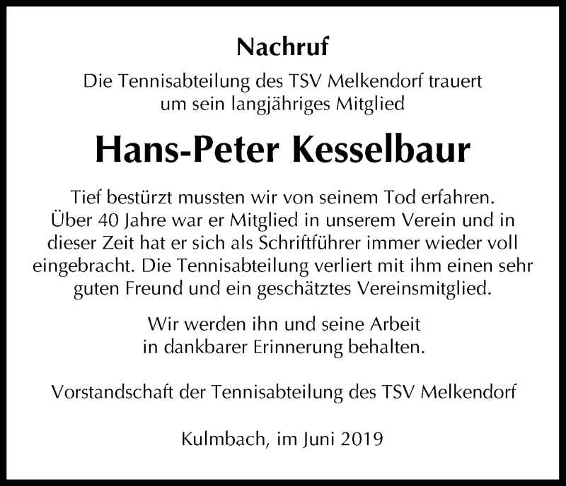  Traueranzeige für Hans-Peter Kesselbaur vom 18.06.2019 aus MGO