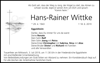 Anzeige von Hans-Rainer Wittke von MGO