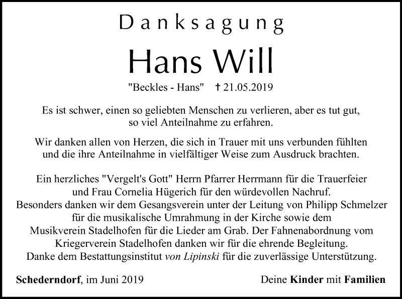  Traueranzeige für Hans Will vom 08.06.2019 aus MGO