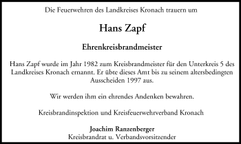Anzeige von Hans Zapf von MGO