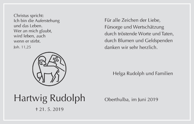  Traueranzeige für Hartwig Rudolph vom 08.06.2019 aus MGO