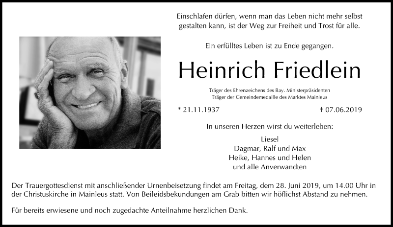  Traueranzeige für Heinrich Friedlein vom 25.06.2019 aus MGO