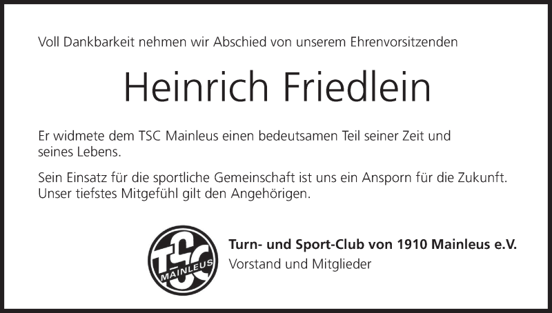  Traueranzeige für Heinrich Friedlein vom 25.06.2019 aus MGO